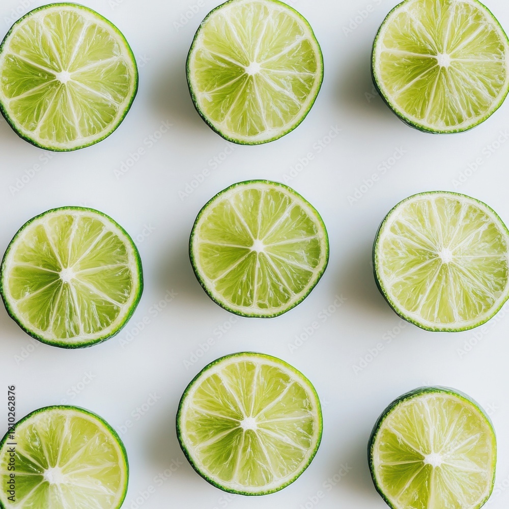 Poster fresh green lime quarters arranged neatly on a white background showcasing their vibrant color and t
