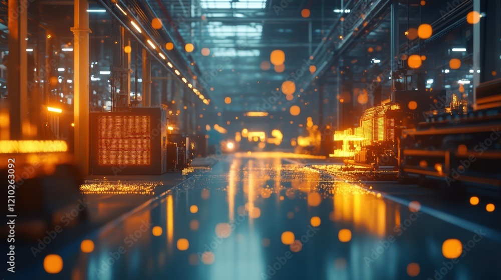 Poster industrial machines processing materials inside a futuristic automated factory with orange lights an