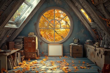 A room with a window and a white frame