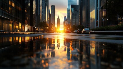 Naklejka premium Downtown cityscape with vibrant sunset reflecting light