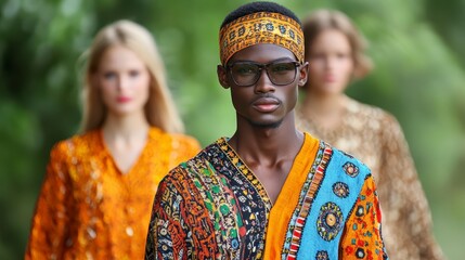 Fototapeta premium Fashionable African American Male Model in Vibrant Ethnic Print Shirt Outdoors