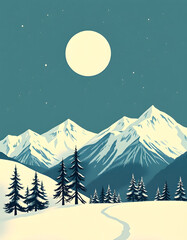 Obraz premium lovely winter mountain illustration in a classic vintage art, angled photoshot, with white tones