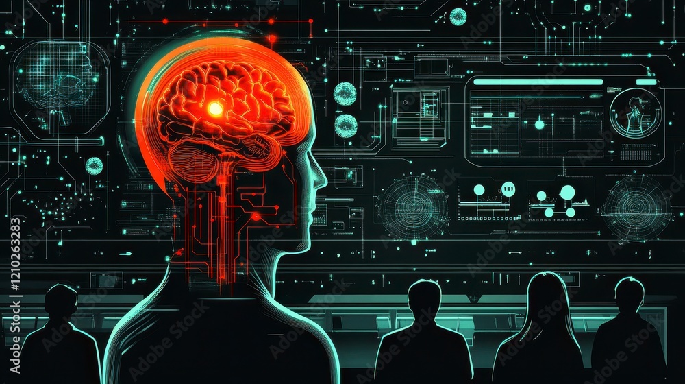 Poster futuristic ai brain visualization humanoid figure data analysis on screen