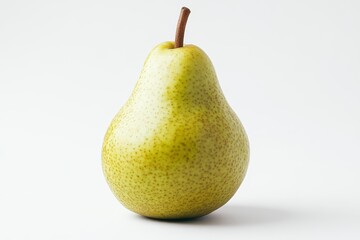 A fresh green pear stands upright against a minimalist background, showcasing its smooth skin and distinctive shape.