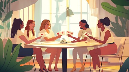 Fototapeta premium Female colleagues exchanging cards with heartfelt messages at a round table in a stylish office