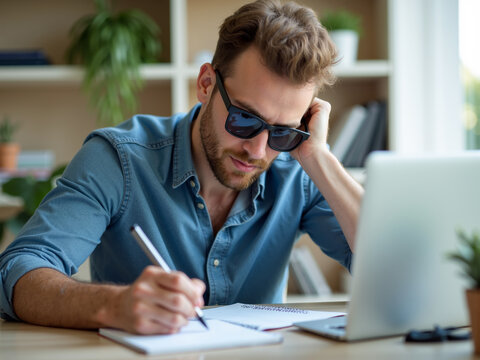 Young man with sunglasses writing in a notebook while looking focused on his laptop in a cozy workspace surrounded by plants