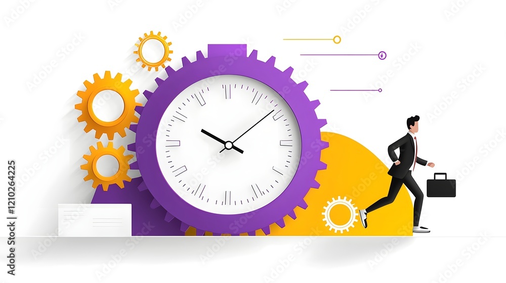 Leinwandbilder of a professional business person running with a briefcase on a giant glowing gear clock set against