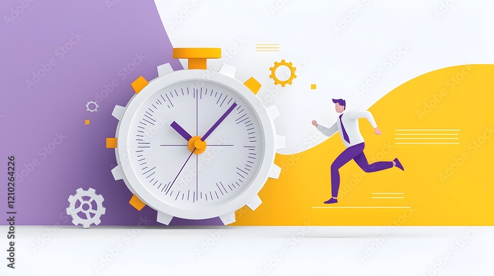 Poster energetic business themed featuring a determined professional running purposefully on a gear shaped 