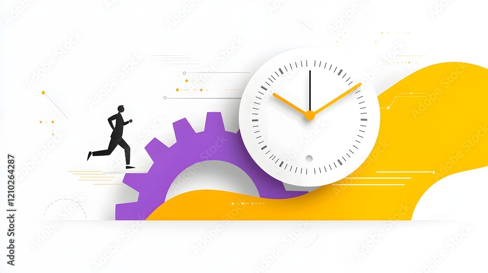 Aufkleber a modern depicting a businessman in a suit running on a giant clock gear surrounded by a dynamic pur