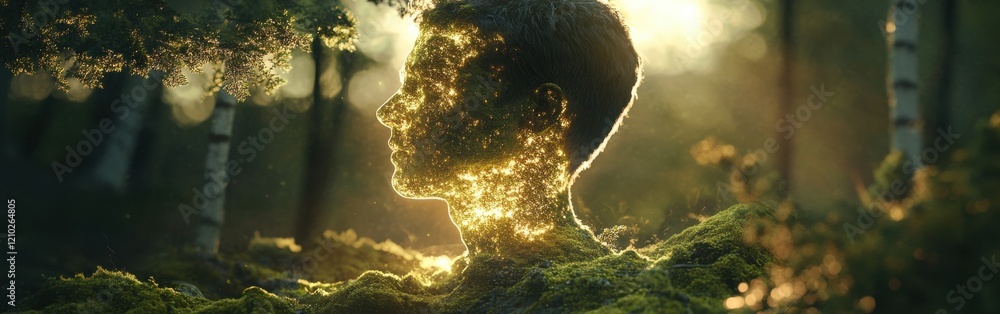 Poster concept of a man glowing with light surrounded by nature during golden hour in a forest setting