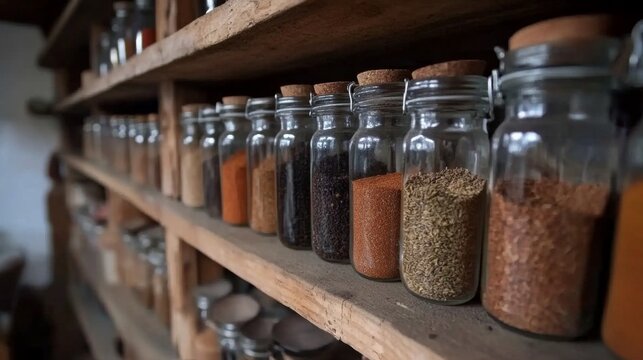 Inviting display of various spices in glass jars arranged neatly on wooden shelves