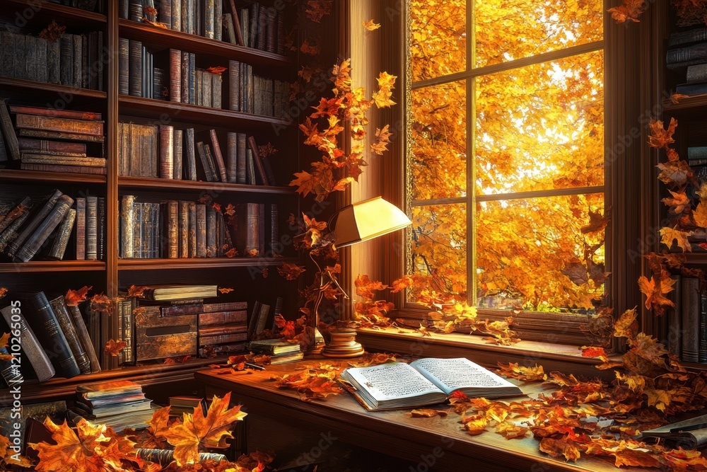 Poster a room with a window and a desk with a book on it