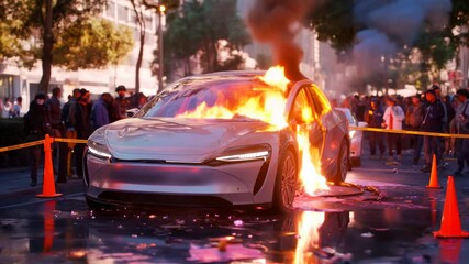 Luxury electric car engulfed in flames during an urban protest scene, capturing chaos and tension, ideal for activism, crisis communication, and dramatic storytelling