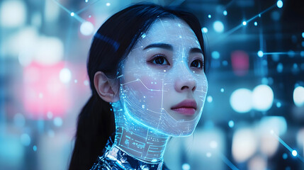 Young asian woman with a futuristic digital interface overlay on her face, glowing with blue holographic data in a high-tech environment