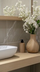 Innovative design in a bathroom showcases sleek tiles, a white sink, wooden shelves, and inviting towel displays for tranquility