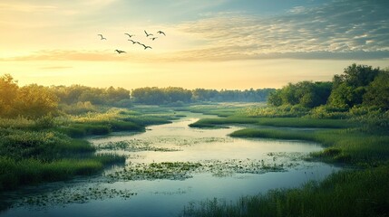 A river running through a wetland, filled with various bird species in their natural habitat.