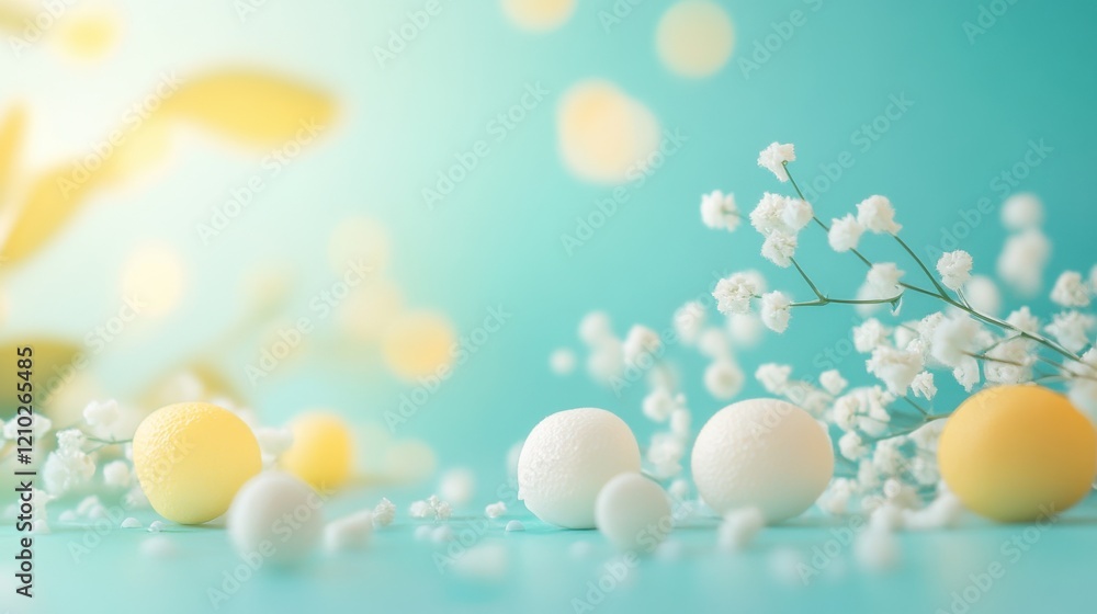 Aufkleber Bright bokeh composition with colorful decorative balls and delicate flowers on a soft turquoise background