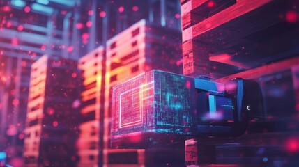 Fototapeta premium Futuristic robot using augmented reality and artificial intelligence is managing and transporting inventory inside a smart warehouse using cutting edge technology