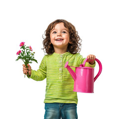 Child watering flowers in garden joyful nature scene png image outdoor bright and cheerful environment
