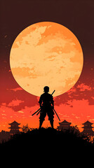 Obraz premium Samurai sunset silhouette, Japan, moonlit hills, game art