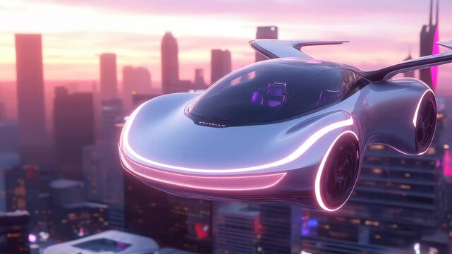 Flying car with neon lights soaring above a futuristic city skyline during sunset, symbolizing advanced technology and transportation of the future