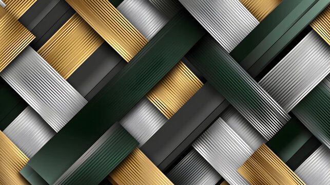 A dynamic pattern with overlapping diagonal stripes in metallic silver, deep emerald, and pale beige, creating a sleek and luxurious look 