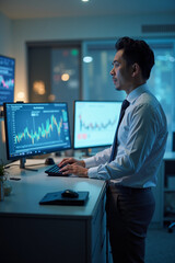 Professional asian man analyzing financial data in a modern office environment during evening hours