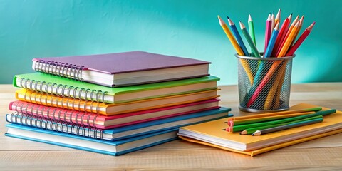 A stack of colorful textbooks and notebooks are arranged neatly on a clutter-free desk, with a few pens and pencils scattered around them for study convenience , study, desk