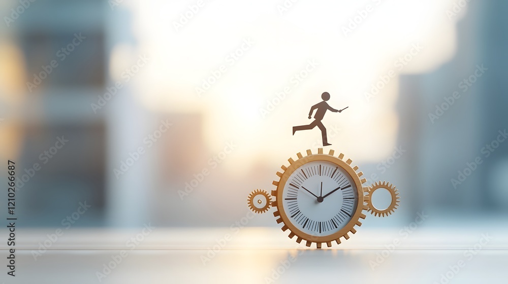 Poster of a business professional dynamically running on a clock gear with another gear beneath set against
