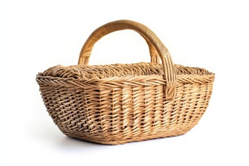 A woven basket with a rounded shape and a sturdy handle, ideal for storage or picnic use, showcasing a natural, rustic design.