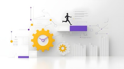 Obraz premium Dynamic Man Running Atop Gear Clock in Modern Vibrant Design Symbolizing Movement Technology and Progress