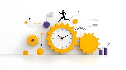 Conceptual modern design with a running figure on top of a gear clock symbolizing movement efficiency and the dynamic nature of time and progress in business and technology