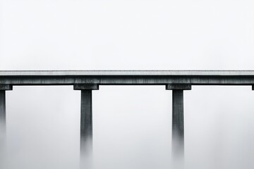 Travel restrictions close borders. Foggy bridge over water with pillars and distant figures.