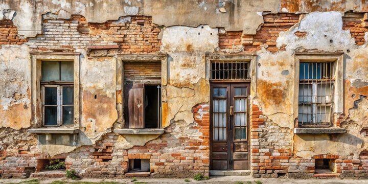 A crumbling brick facade with aged windows and a weathered door reveals layers of history.