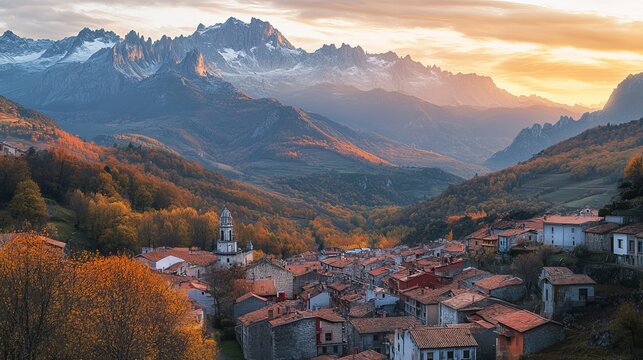 Riano Cityscape at Sunset with Mountain Range