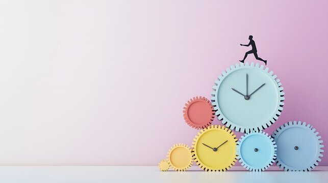Dynamic visual of a man running on a clock gear stacked over another gear  set against a vibrant gradient background with glowing purple and yellow tones  depicting the concept of progress  growth