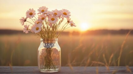 Serene arrangement of daisies in a glass vase at sunset, reflecting soft pink and orange tones, suitable for floral designs or elegant banners.