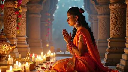 Woman Praying with Candles in Temple