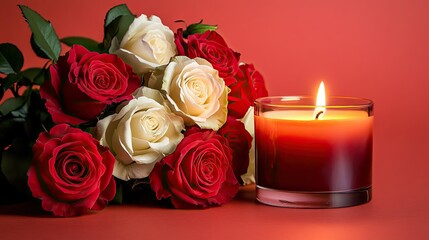 Serene arrangement of red and white roses next to a lit candle on a vibrant coral background, creating a warm and inviting mood.
