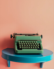 Vintage green typewriter on blue shelf, against pastel background, pop-art, with white tones