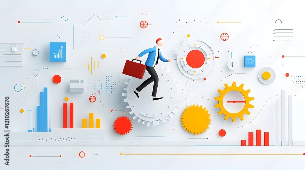 Poster ambitious professional running atop a gear shaped clock surrounded by vibrant abstract elements and 