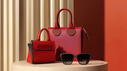 Stylish Red Handbags and Sunglasses on Elegant Display Surface