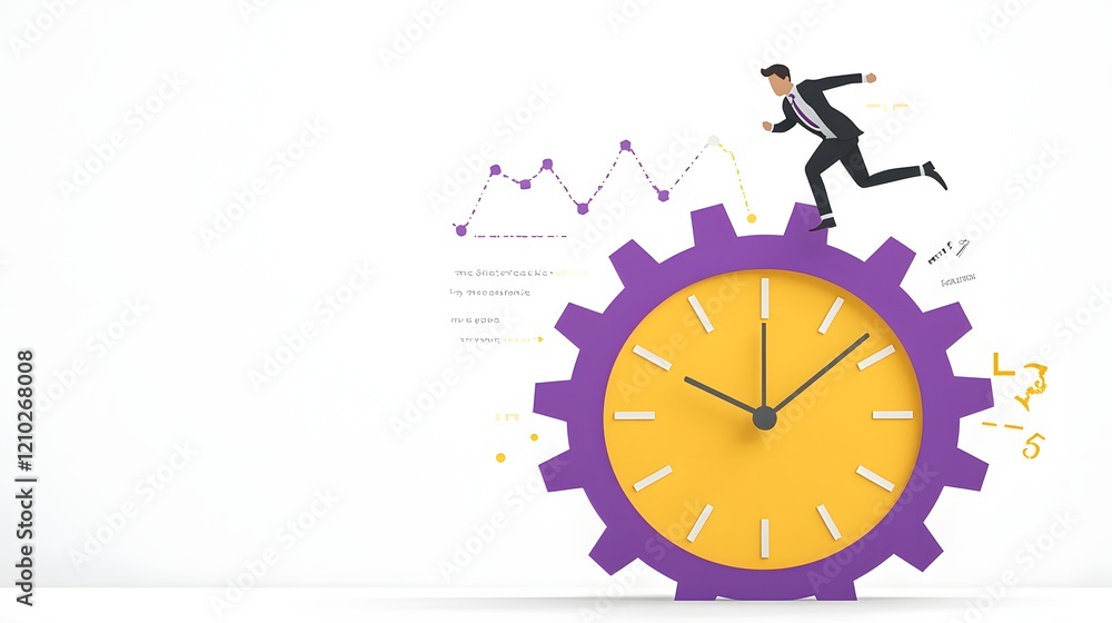 Aufkleber Dynamic Cartoon of a Businessman Rushing and Running on Top of a Massive Vibrant Purple and Yellow Gear Clock Symbolizing Time Management Productivity