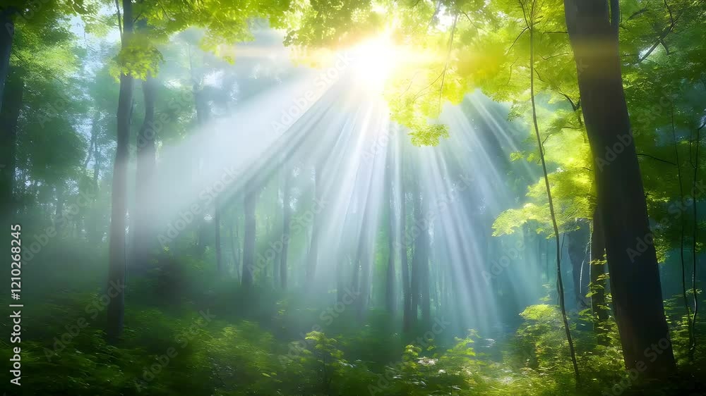 Poster sunlight filters through a dense green forest, illuminating the misty air and creating a tranquil an