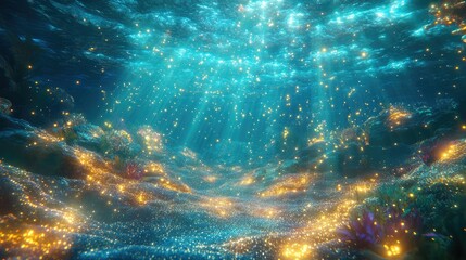 Obraz premium Soft, shimmering gold glitter particles flowing in a dreamy underwater setting with festive sparkles and lights.