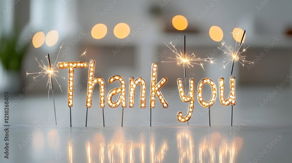 Poster Elegant and celebratory sparkler style Thank you text glowing in golden hue mirrored on a reflective floor with a warm golden bokeh background creating a premium festive and decorative visual effect