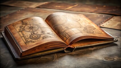 An antique leather-bound book displaying intricate mechanical diagrams rests on a worn wooden surface, surrounded by aged papers