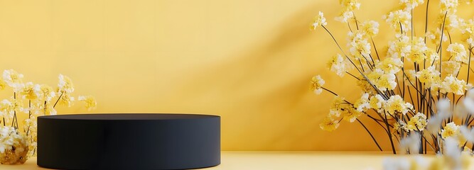 A contemporary black podium with an empty display area, paired with a soft yellow background ideal for Mother's Day presentations