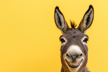 Obraz premium Adorable donkey with a wide, joyful grin set against a bright yellow background, radiating happiness and charm. Perfect for humorous, rustic, or animal-themed designs