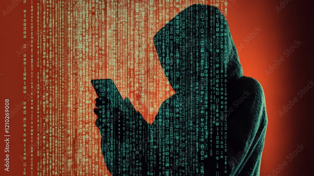 Poster mysterious hacker silhouette surrounded by digital code in red and green colors